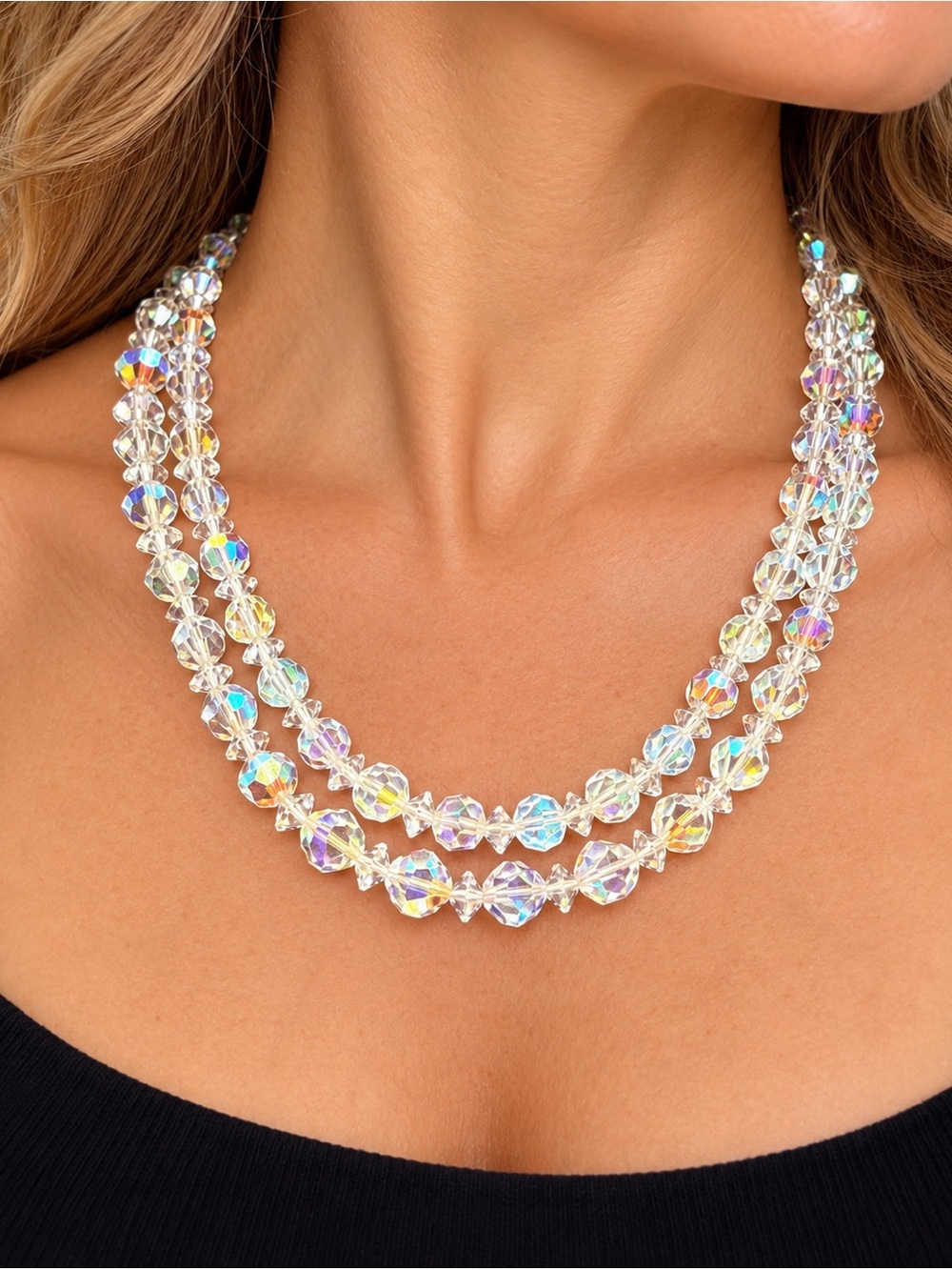 Vintage Two-Strand Aurora Borealis Crystal Bead Necklace 17”